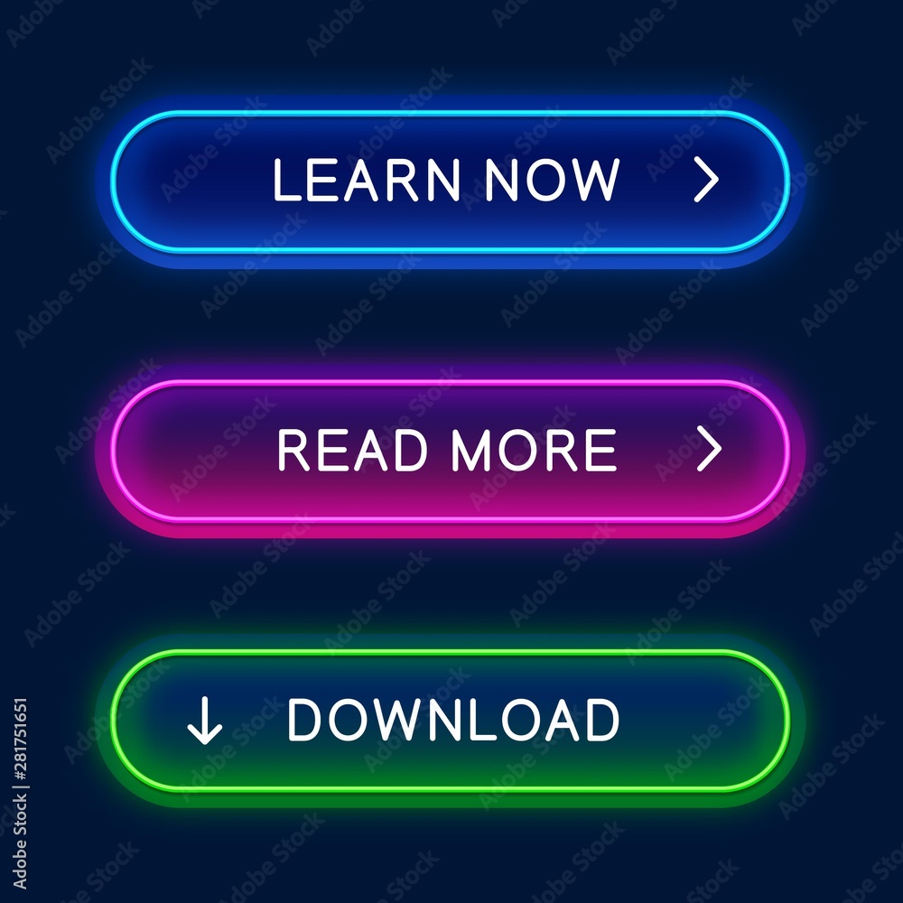 Poster Vector neon button for web design, app, game and interface. Neon buttons, elements for web design.