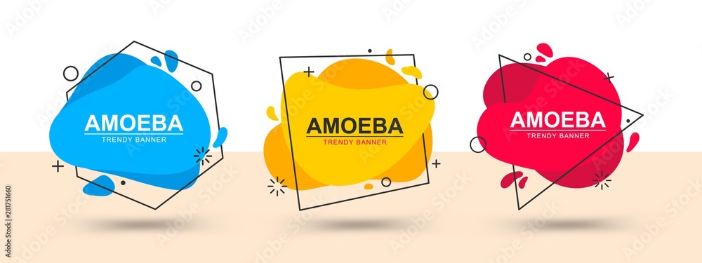 Poster Set of abstract liquid shape banners in memphis style for use in web and print. Vector trendy geometric banners.