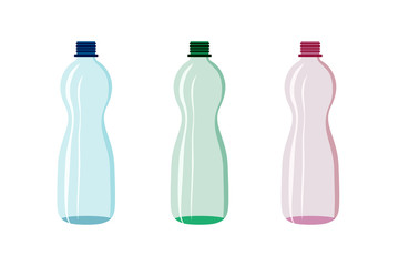 Plastic bottle vector water lemonade set pink green blue 1.5 litter volume isolated on white background