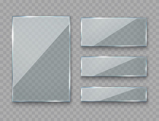 Glass, acrylic or plastic rectangle badges isolated on transparent background. Reflection 3d plates, clear window. Vector glare frame set.
