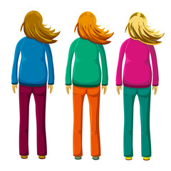 hand drawn illustration of young standing women with waving or flying dark, dressed in casual or sport jacket and trousers. Woman back view in cartoon flat style isolated on white.
