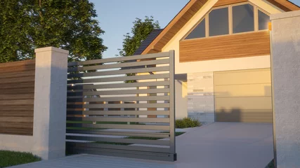 Foto op Canvas Automatic Sliding Gate and house, 3d illustration © Studio Harmony