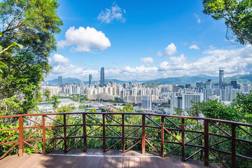 Fototapeta premium Bijiashan Park Peak Observation Deck overlooking Shenzhen city scenery aerial view