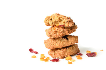 Homemade oatmeal orange cranberry cookies on white background - isolated