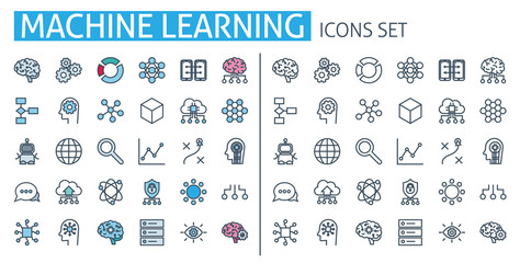 Fototapeta na wymiar Machine learning icons set. For ai brain technology app, digital human, artificial intelligence