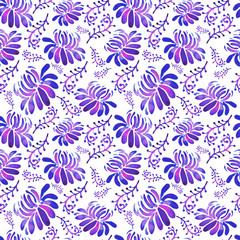 Fototapeta na wymiar Seamless floral background in watercolor on white background. Blue, purple, purple, Texture in children's style for textiles, Wallpaper, packaging. Bright colorful flowers and herbs in a modern style.