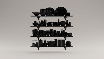 Black Shelves with Various Kitchenware Pots an Pans
