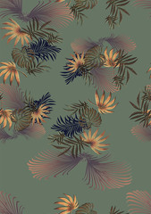 Beautiful palm tree leaves design seamless pattern with flower green background