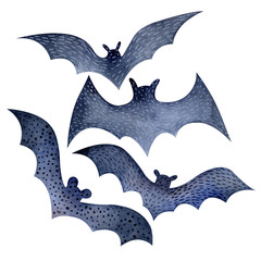 Set of bats in watercolor. Stylized dark silhouette Hand drawn. Object isolated on white background. Attributes for Halloween.