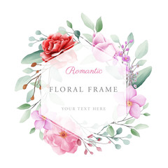 Fototapeta na wymiar Romantic watercolor floral geometric frame