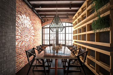 Esszimmer mit Backstein Wand vor großem Fenster (3d rendering)
