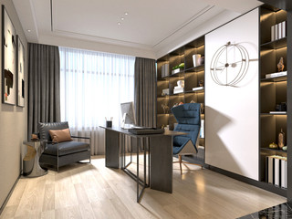 Study room for busy businessman. Concept of extra work at home. 3d rendering. Mock up 