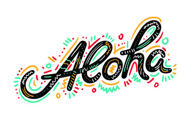 Aloha hand lettering, custom writing letters isolated on white background, Hawaiian language greeting typography, vector type design illustration. - obrazy, fototapety, plakaty