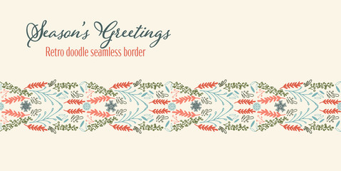 Obraz na płótnie Canvas Vector Christmas seamless doodle border in a retro style. Holiday season illustration design.