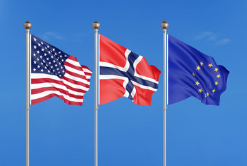 Three colored silky flags in the wind: USA (United States of America), EU (European Union) and Norway. 3D illustration.
