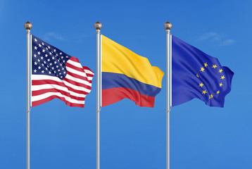 Three colored silky flags in the wind: USA (United States of America), EU (European Union) and Colombia. 3D illustration.