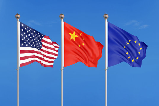 Three colored silky flags in the wind: USA (United States of America), EU (European Union) and China. 3D illustration.