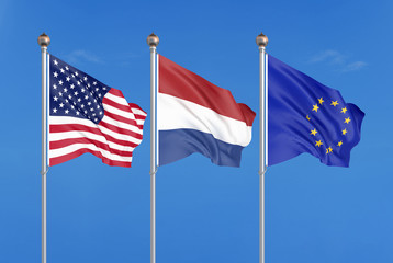 Three colored silky flags in the wind: USA (United States of America), EU (European Union) and Netherlands. 3D illustration.