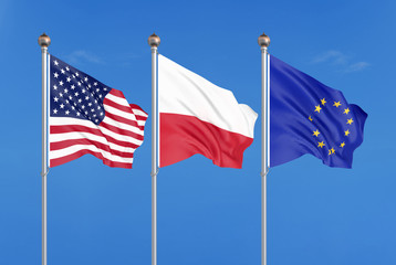 Three colored silky flags in the wind: USA (United States of America), EU (European Union) and Poland. 3D illustration.