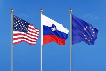 Three colored silky flags in the wind: USA (United States of America), EU (European Union) and Slovenia. 3D illustration.