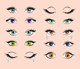 Cartoon female eyes. Colored vector closeup eyes of beautiful women for manga or pop art style