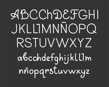 Handwritten Font, Spanish, Thin, White, Vector. White Letters On A Gray Field. Uppercase And Lowercase Letters.Thin Felt-tip Pen. Imitation.  