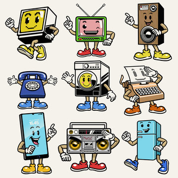 set of gadget and electronic character mascot