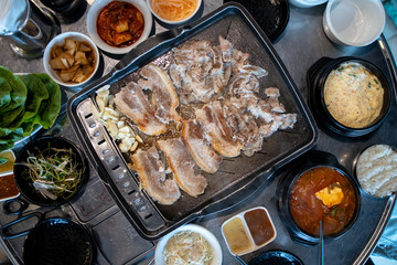Korean style pork barbeque Samgyeopsal with side dish