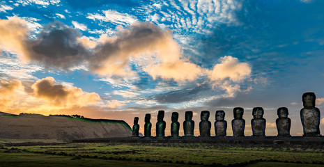 Moai on Easter Island at Ahu Tongariki at Sunrise.