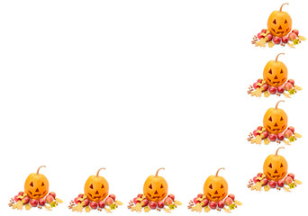 Pumpkin-head, nuts, apples and yellow leaves isolated on white background. Collage. Free space for text.