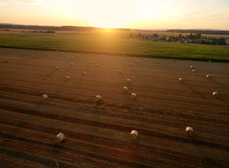 Field with straw bales after harvest against green corn field in sunset against farms in background. Crop season. Aerial view of a carefully cultivated landscape. Farming in Czech republic.