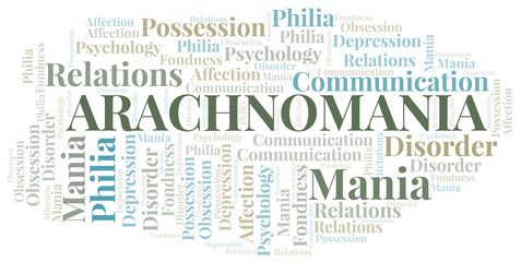 Arachnomania word cloud. Type of mania, made with text only.