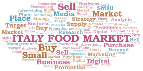 Italy Food Market word cloud. Vector made with text only.