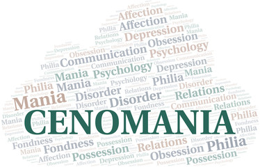 Cenomania word cloud. Type of mania, made with text only.