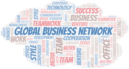 Obraz premium Global Business Network word cloud. Collage made with text only.