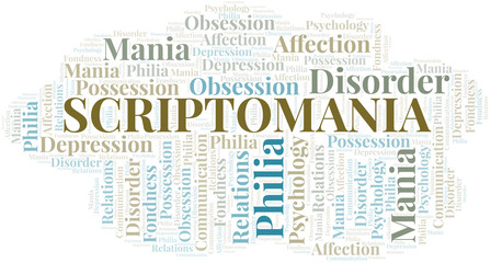 Scriptomania word cloud. Type of mania, made with text only.