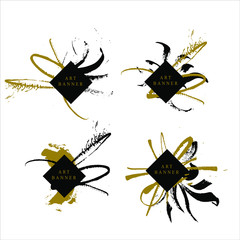 Abstract ink background. Chinese calligraphy art style, Black and luxury gold paint stroke texture. for poster, card, banner, book, cover, brochure and web design. Grunge mud art. vector elements. 