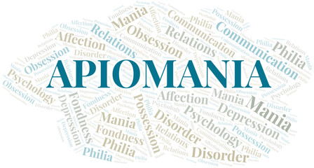 Apiomania word cloud. Type of mania, made with text only.