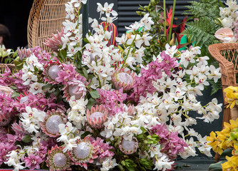 Beauty floristic decoration with colorful tropical flowers