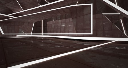 Abstract room interior of sheets rusted metal . Architectural background. 3D illustration and rendering