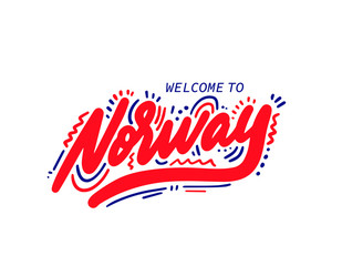 Norway. Name country word text card, banner script. Beautiful typography inscription greeting calligraphy poster black, gold ribbon, star. Handwritten design modern brush lettering isolated vector.