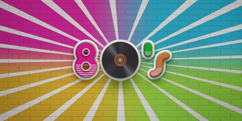 80s Disco Party on Colorful brick wall banner. 3D Render Illustration