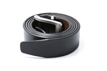 Black leather belt isolated on white background. Beauty and fashion concept.