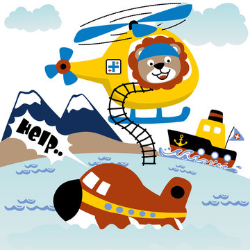 lion the rescue team crew, vector cartoon illustration