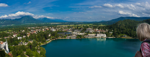 Fototapeta premium Рanoramic view from the castle on the coast of the turquoise lake Bled, Slovenia