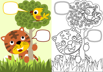 vector cartoon of tiger and little bird in the jungle, coloring book or page