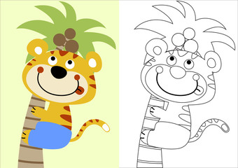vector cartoon of tiger climb coconut tree, coloring book or page