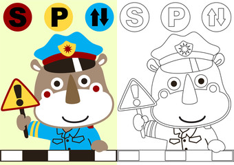 vector cartoon of rhinoceros the traffic cop, coloring book or page