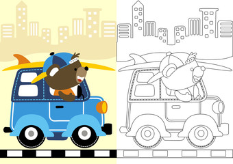 Obraz na płótnie Canvas vector cartoon of bear driving a van, coloring book or page