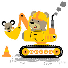 bear driving heavy tools with little mouse, vector cartoon illustrations